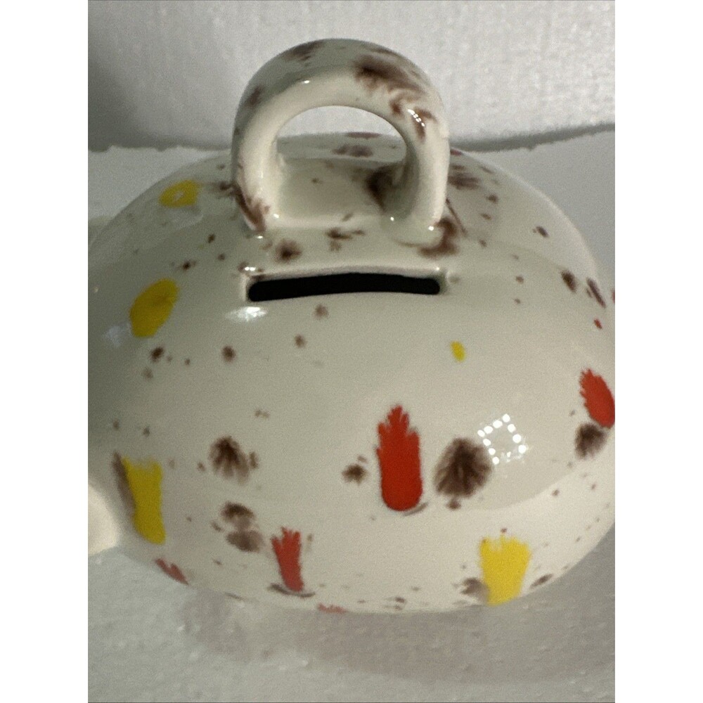 Vintage Ceramic Piggy Bank Coin Splatter Drip Glaze Red, Yellow Cream 1970s - Picture 5 of 9